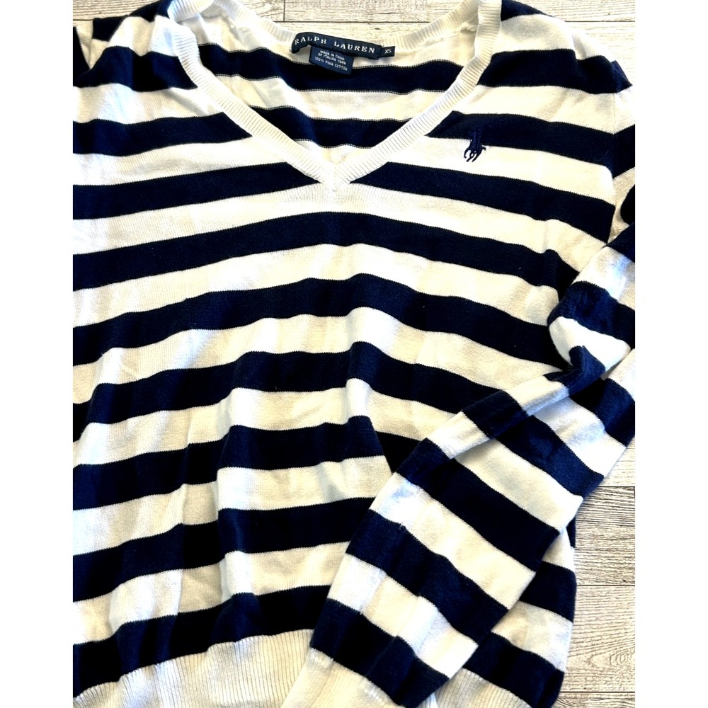 Ralph Lauren‎ Nautical V Neck Striped Sweater Blue White 100% Pima Cotton EUC XS